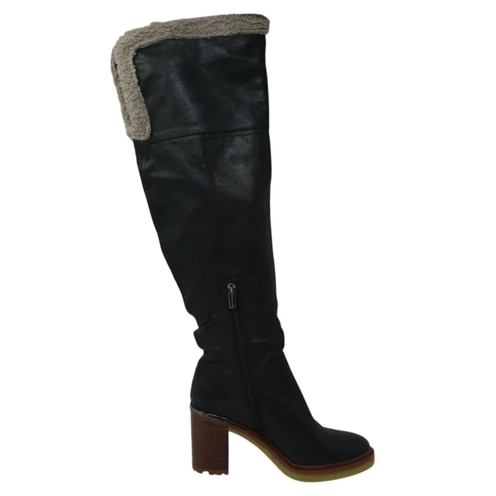 Vince Camuto Gambrel Black Leather‎ Over The Knee Stacked Heel Boots Womens 8